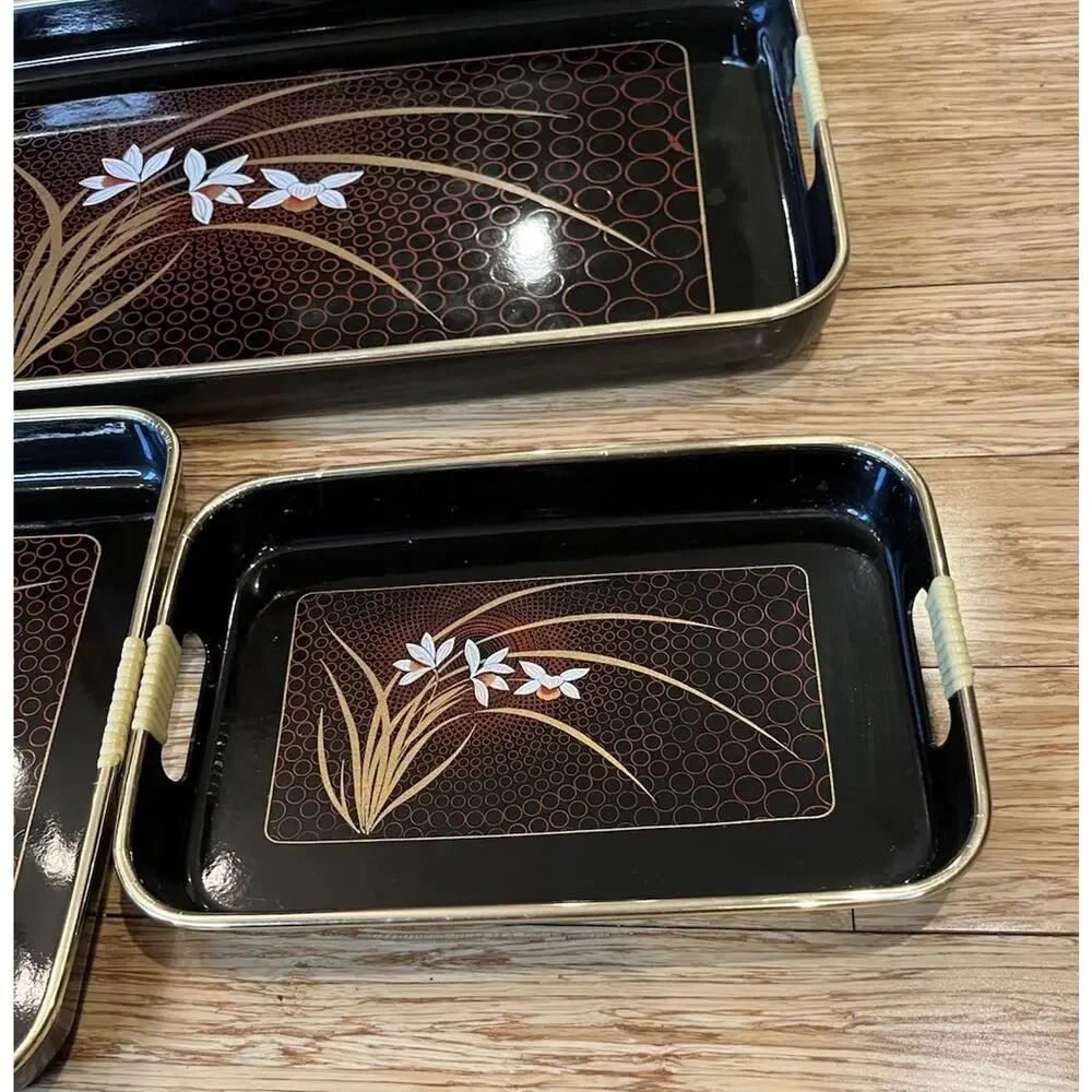 VTG Set Of 3 Japanese Nesting Trays Black Lacquer Ware Set of 3 Gold Red Floral
